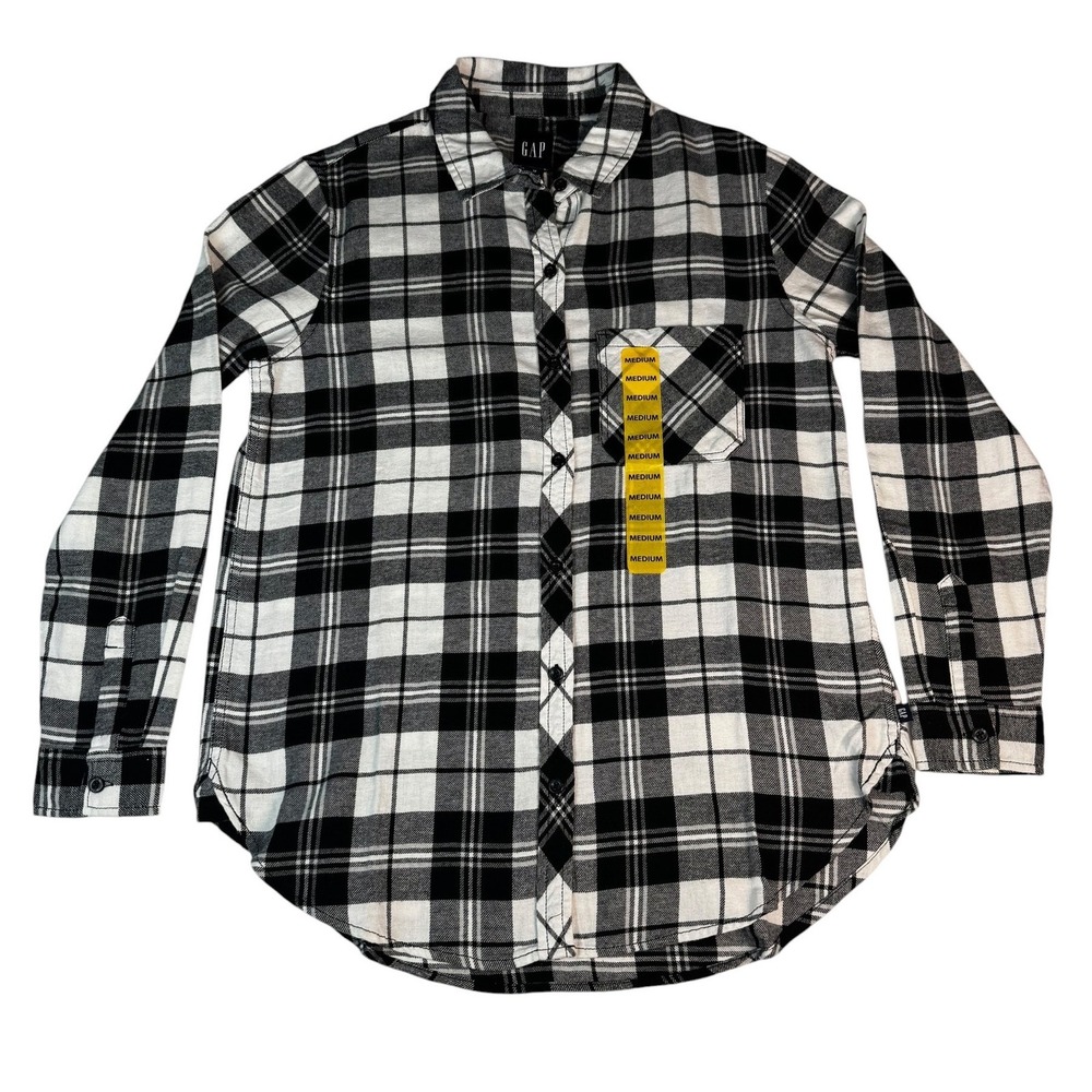 NWT Gap Relaxed‎ Fit Flannel Shirt Women's Medium Black White Billie Plaid